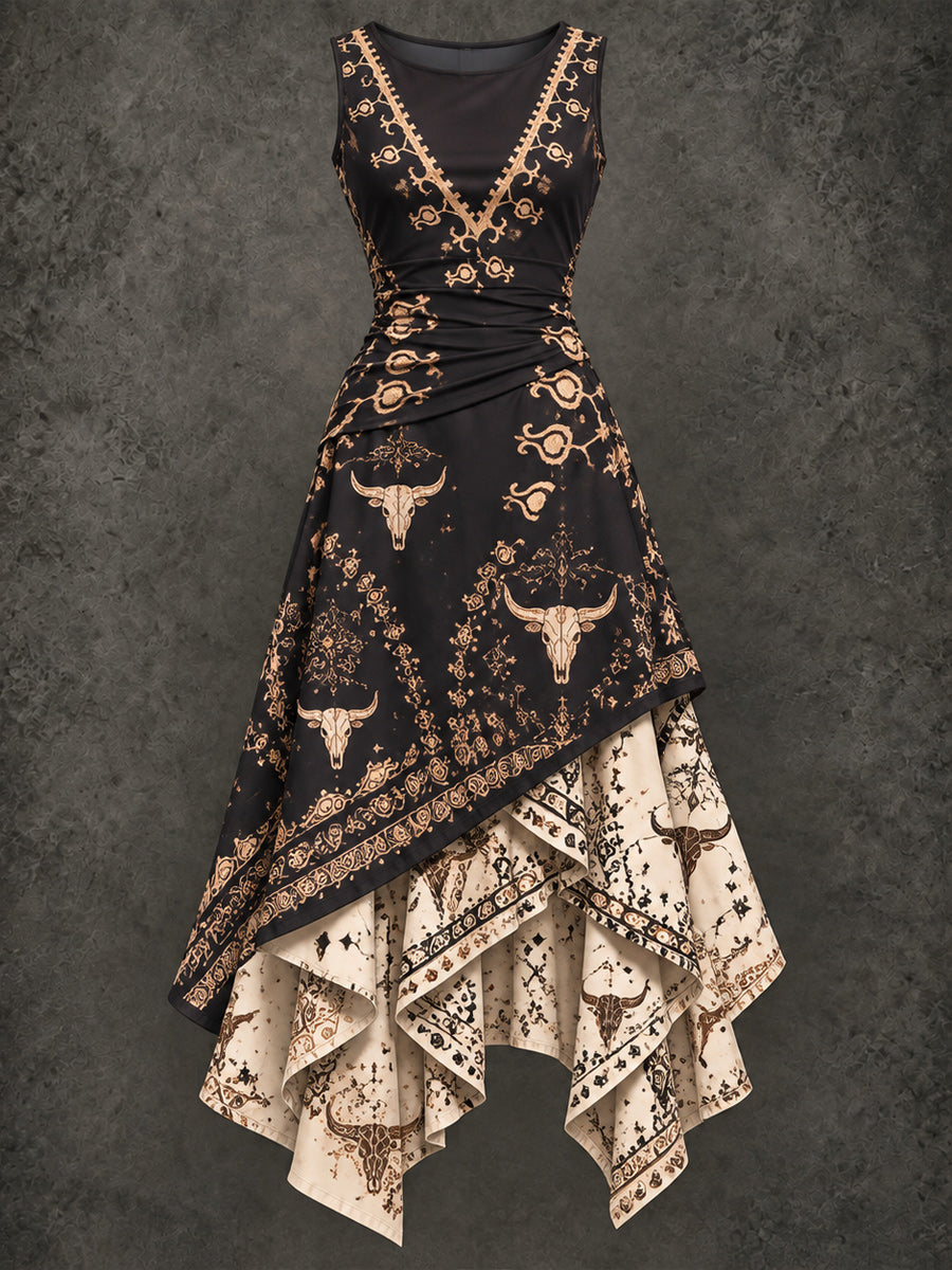 Retro Art Printed Vintage Sleeveless Irregularly Layered Stitched Midi Dress